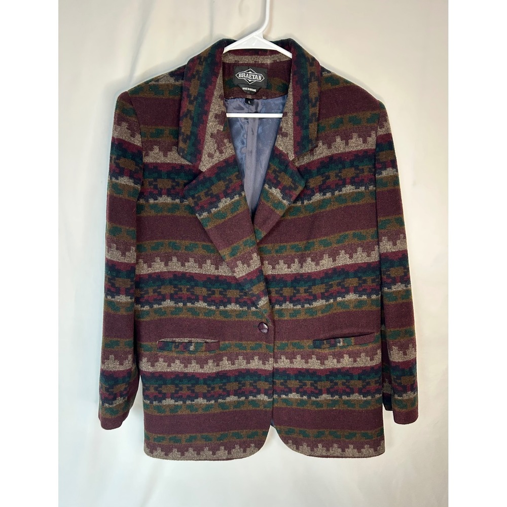 Braetan Vintage Wool Blend Southwestern Aztec Geometric Blazer Jacket Burgundy L